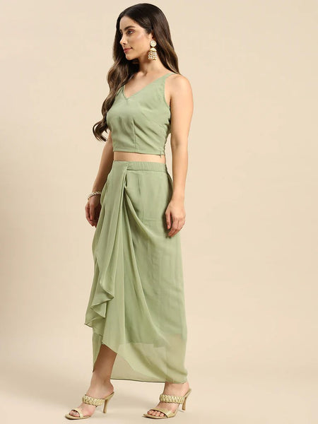 Crop Top With Dhoti Skirt And Shrug Set vitansethnics