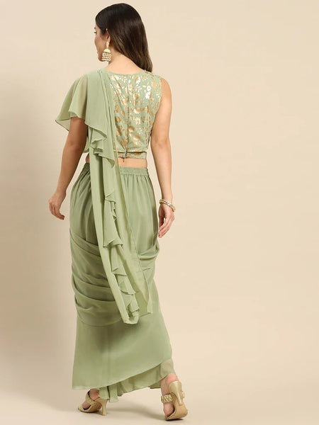 Crop Top With Skirt And Attached Dupatta Set | Pre-stitched Saree Gown vitansethnics