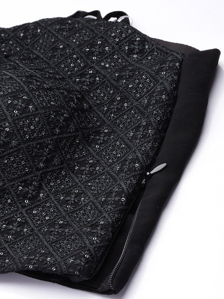 Women Black Embroidered Sequin Crop Top With Palazzo Pants And Shrug VitansEthnics