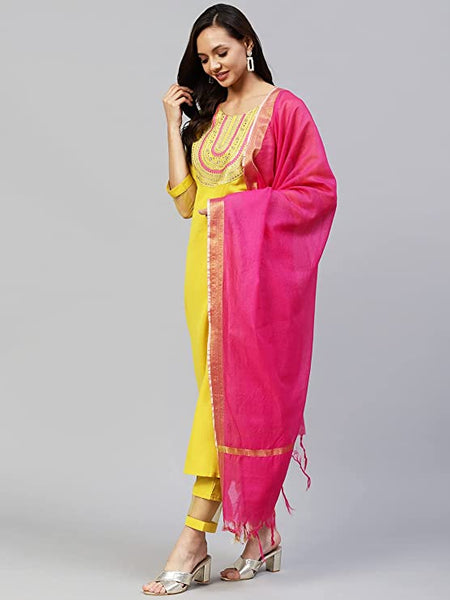 Women's Cotton Blend Embroidered Straight Kurta with Pant & Dupatta vitansethnics
