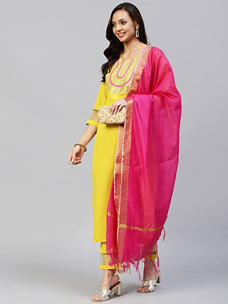 Women's Cotton Blend Embroidered Straight Kurta with Pant & Dupatta vitansethnics