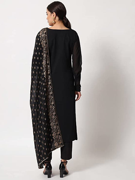 Women's Black Poly Crepe Straight Kurta with Pant and Dupatta vitansethnics