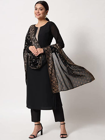 Women's Black Poly Crepe Straight Kurta with Pant and Dupatta vitansethnics