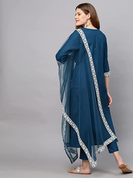 Women's Cotton Blend Straight Embroidered Kurta with Pant & Dupatta vitansethnics
