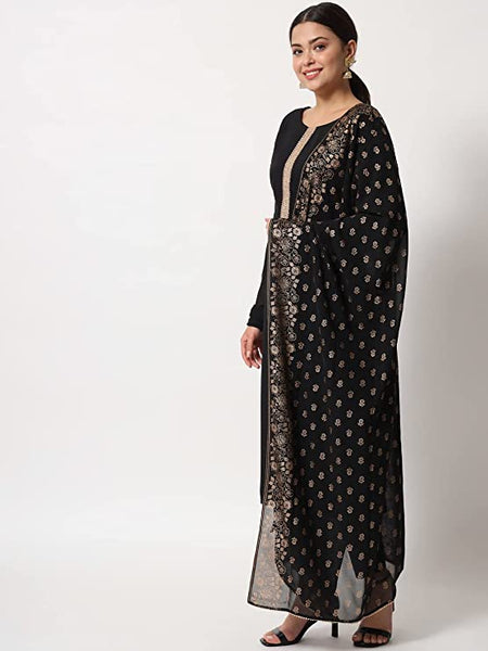 Women's Black Poly Crepe Straight Kurta with Pant and Dupatta vitansethnics