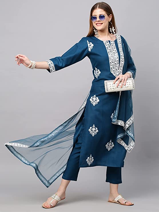 Women's Cotton Blend Straight Embroidered Kurta with Pant & Dupatta vitansethnics