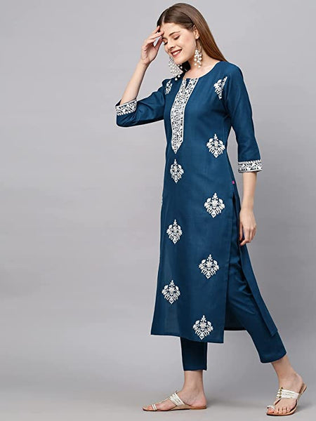 Women's Cotton Blend Straight Embroidered Kurta with Pant & Dupatta vitansethnics