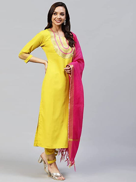 Women's Cotton Blend Embroidered Straight Kurta with Pant & Dupatta vitansethnics