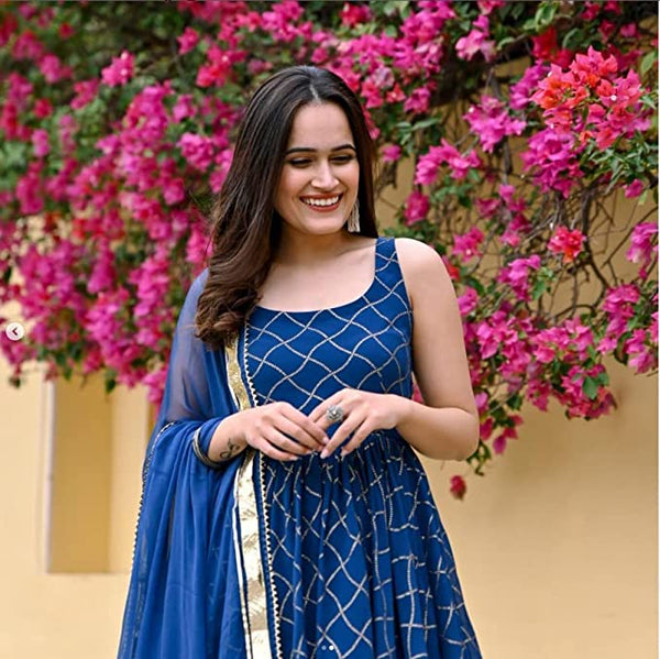 Women Blue Sleeveless Kurta with Sharara Pants & Dupatta Set vitansethnics