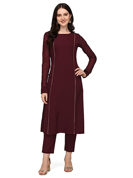 Maroon Poly Crepe Straight Kurta with Pant and Dupatta Set vitansethnics