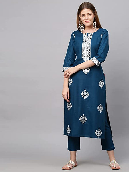 Women's Cotton Blend Straight Embroidered Kurta with Pant & Dupatta vitansethnics