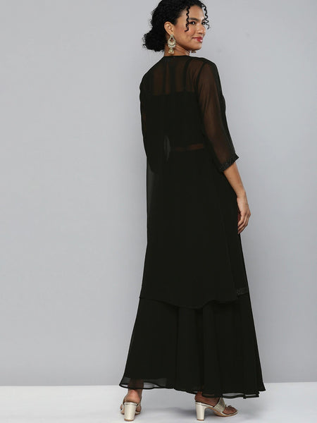 Women Black Embroidered Sequin Crop Top With Palazzo Pants And Shrug VitansEthnics