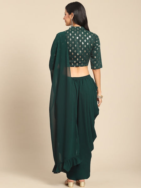 Green Sequin Crop Top With Dhoti Pants And Dupatta Set vitansethnics