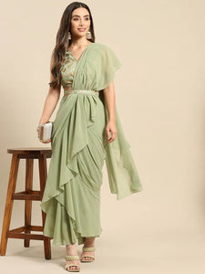 Crop Top With Skirt And Attached Dupatta Set | Pre-stitched Saree Gown vitansethnics