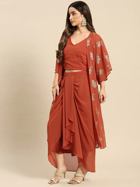 Crop Top With Dhoti Skirt And Shrug Set vitansethnics