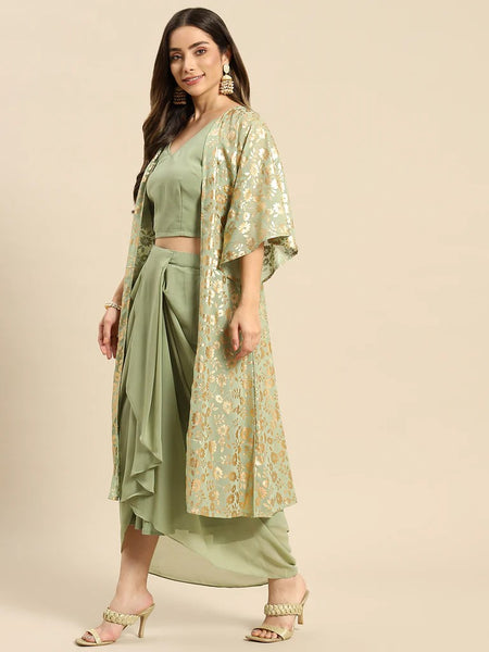Crop Top With Dhoti Skirt And Shrug Set vitansethnics