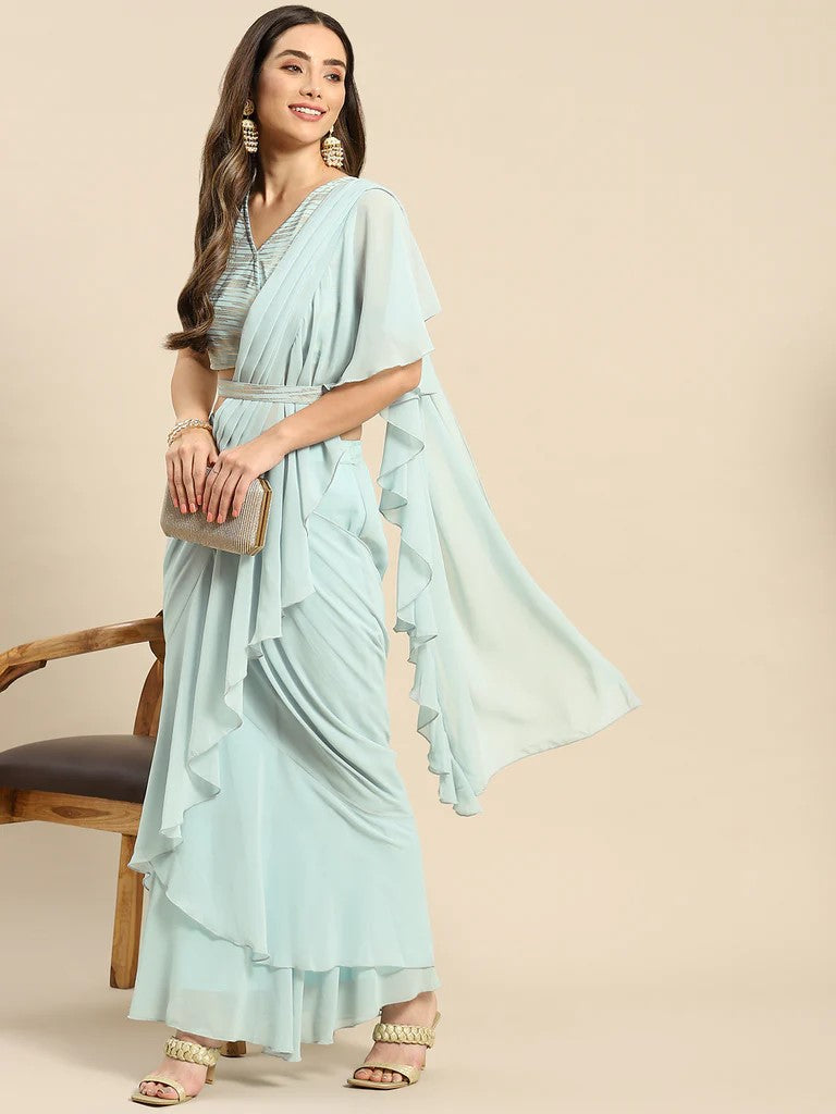 Crop Top With Skirt And Attached Dupatta Set | Pre-stitched Saree Gown vitansethnics