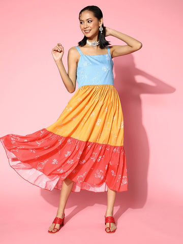 Women Stylish Blue Colourblocked SunDress VitansEthnics