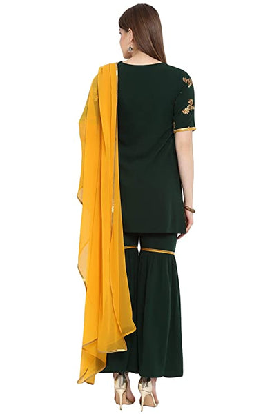 Women Poly Crepe Short Kurta With Sharara Pants & Dupatta Set vitansethnics