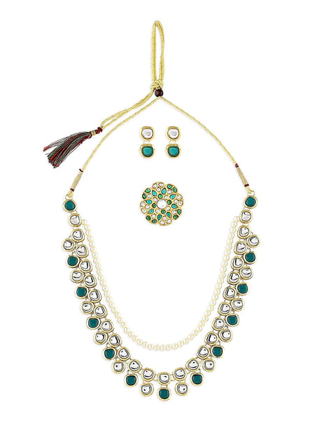 Green Kundan Multi Layers Necklace Earring & Ring Set VitansEthnics