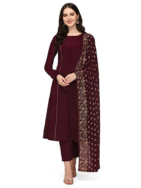 Maroon Poly Crepe Straight Kurta with Pant and Dupatta Set vitansethnics