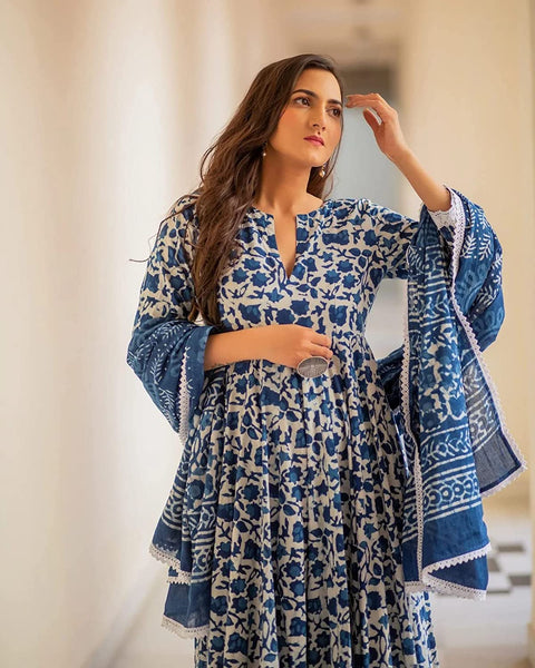 Women Cotton Flared Kurta Set with Pant & Dupatta vitansethnics