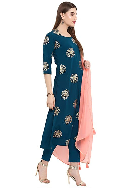 Women's Poly Crepe Turquoise Salwar Suit Set vitansethnics