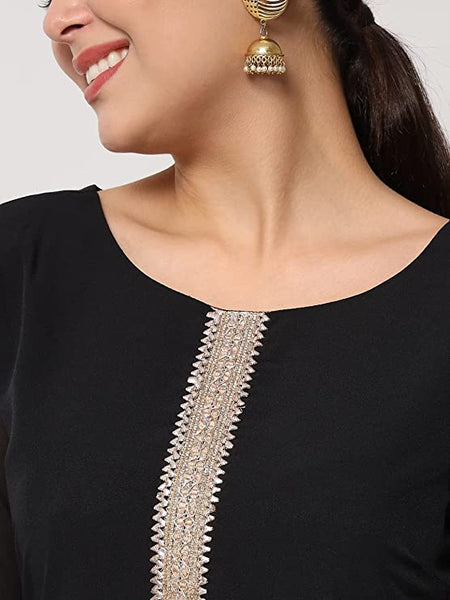 Women's Black Poly Crepe Straight Kurta with Pant and Dupatta vitansethnics