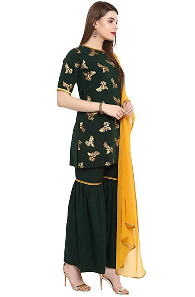 Women Poly Crepe Short Kurta With Sharara Pants & Dupatta Set vitansethnics