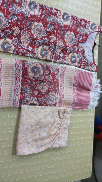 Women Cotton Flared Kurta Set with Pant & Dupatta vitansethnics