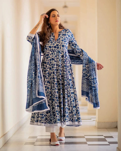 Women Cotton Flared Kurta Set with Pant & Dupatta vitansethnics
