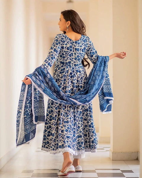 Women Cotton Flared Kurta Set with Pant & Dupatta vitansethnics
