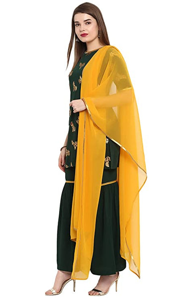 Women Poly Crepe Short Kurta With Sharara Pants & Dupatta Set vitansethnics