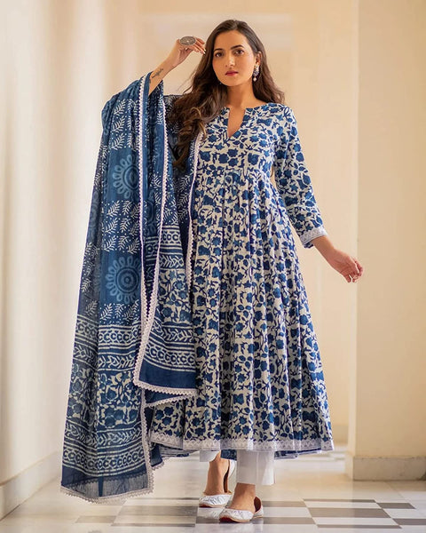 Women Cotton Flared Kurta Set with Pant & Dupatta vitansethnics