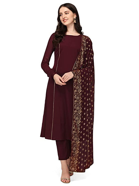 Maroon Poly Crepe Straight Kurta with Pant and Dupatta Set vitansethnics