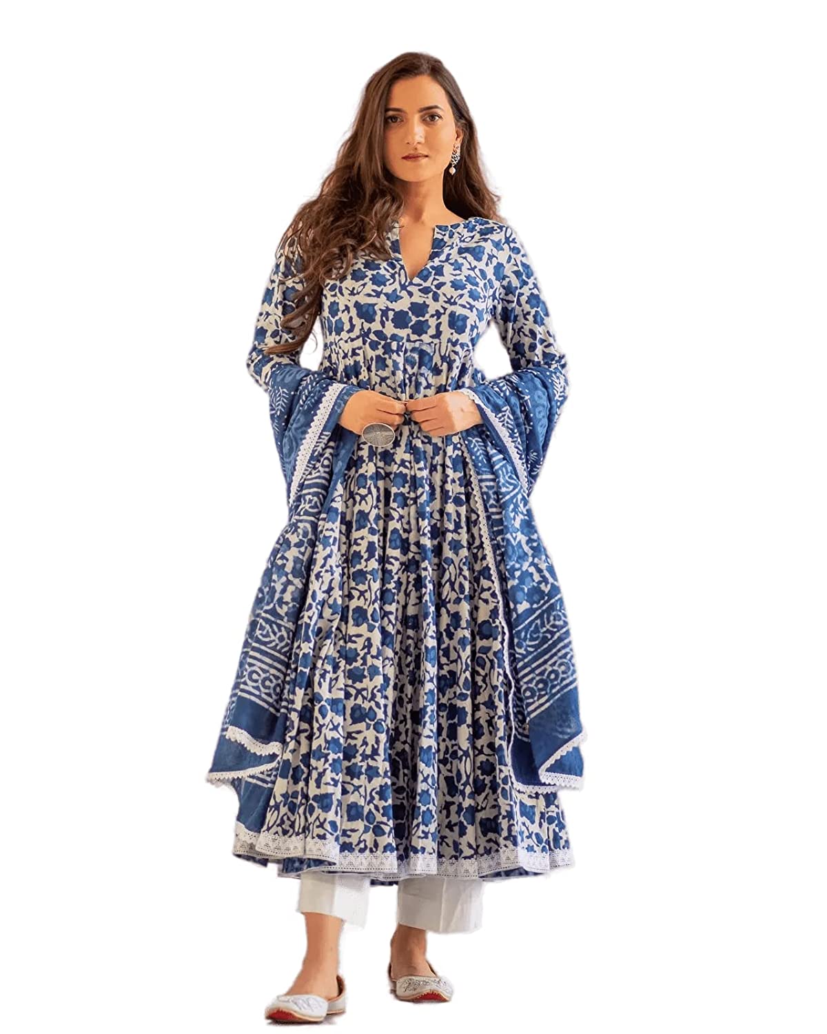 Women Cotton Flared Kurta Set with Pant & Dupatta vitansethnics