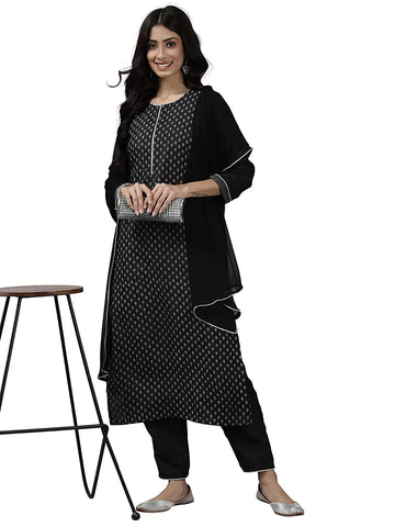 Women Black Printed Kurta with Pants & Dupatta Set vitansethnics