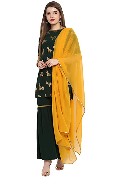 Women Poly Crepe Short Kurta With Sharara Pants & Dupatta Set vitansethnics