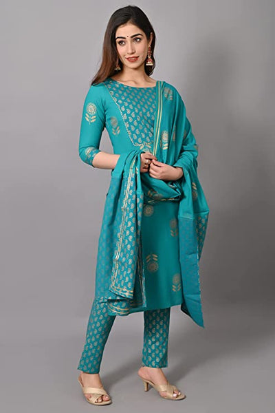 Women Rayon Straight Kurta Set with Pant & Dupatta vitansethnics