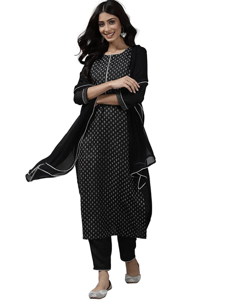 Women Black Printed Kurta with Pants & Dupatta Set vitansethnics
