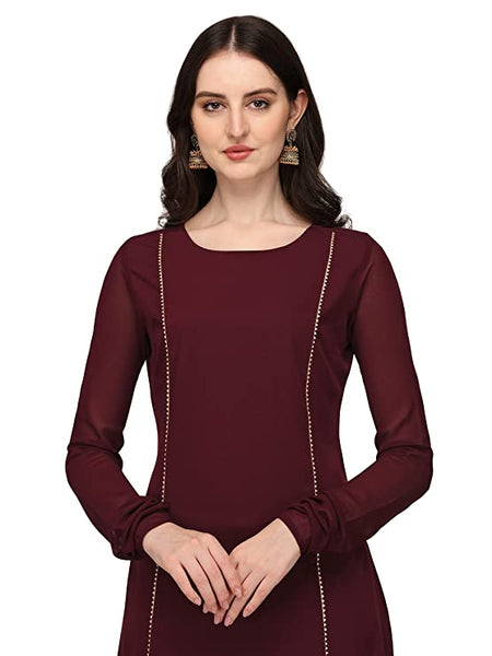 Maroon Poly Crepe Straight Kurta with Pant and Dupatta Set vitansethnics