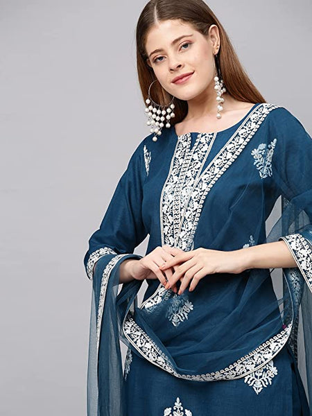 Women's Cotton Blend Straight Embroidered Kurta with Pant & Dupatta vitansethnics