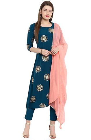 Women's Poly Crepe Turquoise Salwar Suit Set vitansethnics