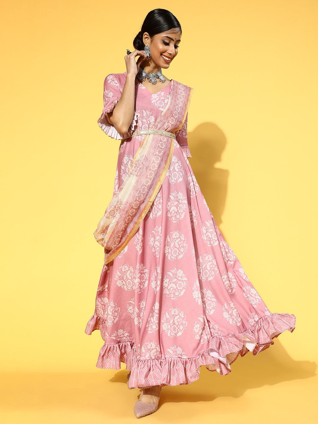 Women Pretty Pink Ethnic Motifs Draped Luxe Dress VitansEthnics
