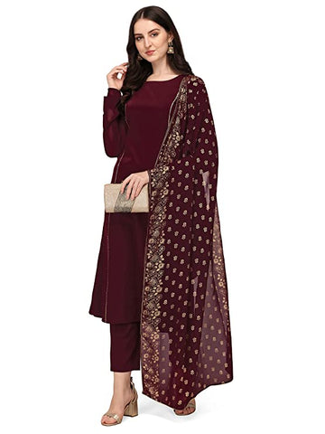 Maroon Poly Crepe Straight Kurta with Pant and Dupatta Set vitansethnics