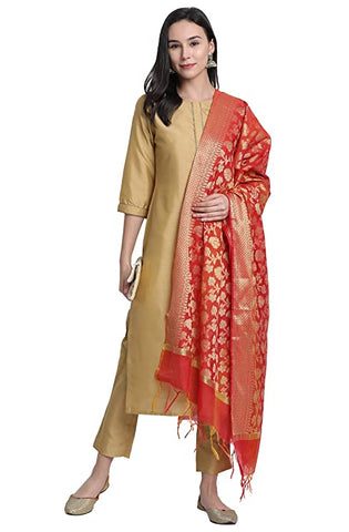 Women's Gold Poly Silk Solid Kurta with Pant and Dupatta vitansethnics