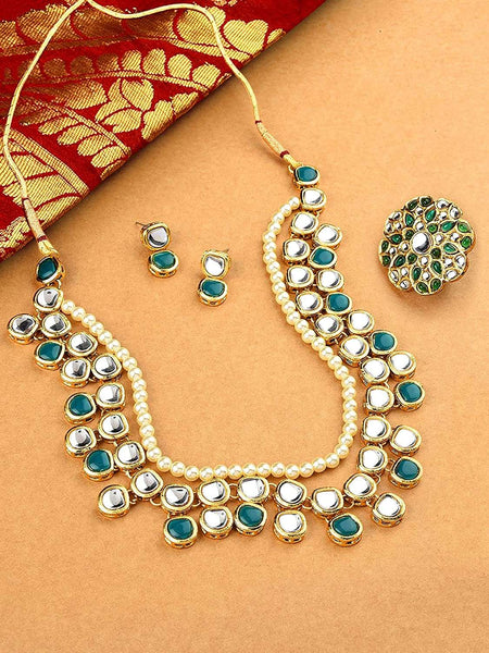 Green Kundan Multi Layers Necklace Earring & Ring Set VitansEthnics
