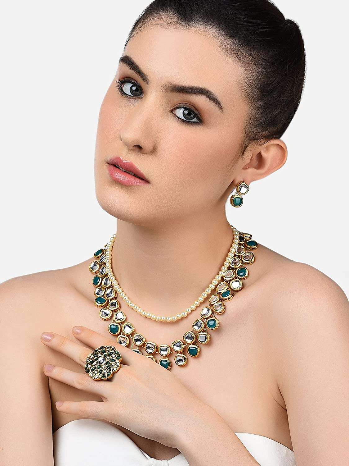 Green Kundan Multi Layers Necklace Earring & Ring Set VitansEthnics