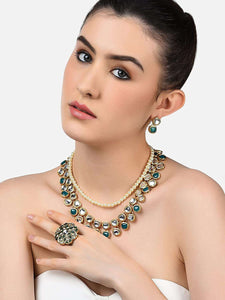 Green Kundan Multi Layers Necklace Earring & Ring Set VitansEthnics