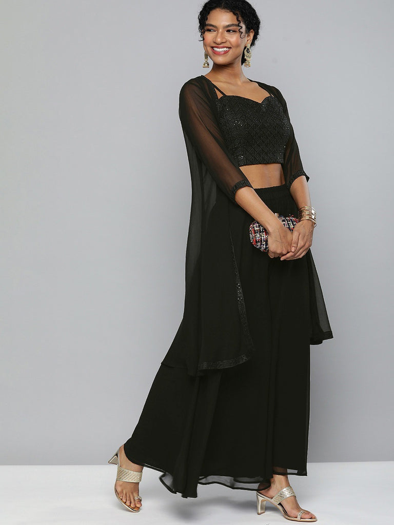 Trending and Stylish Rayon Crop Top Style With Long Shrug Jacket  Palazzo  Pants For Girls and Women